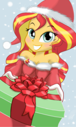 Size: 3040x5060 | Tagged: safe, artist:theroyalprincesses, sunset shimmer, equestria girls, g4, bare shoulders, christmas, female, holiday, looking at you, smiling, solo