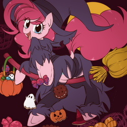 Size: 999x999 | Tagged: safe, artist:うめぐる, pinkie pie, earth pony, pony, semi-anthro, g4, adorasexy, alternate hairstyle, broom, butt, candy, clothes, costume, cute, diapinkes, dock, female, flying, flying broomstick, food, halloween, hat, holiday, looking at you, looking back, mare, panties, plot, pumpkin bucket, raised tail, sexy, simple background, solo, tail, underhoof, underwear, witch, witch hat