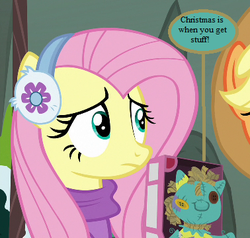 Size: 378x360 | Tagged: safe, edit, edited screencap, editor:korora, screencap, applejack, fluttershy, holly the hearths warmer doll, g4, my little pony best gift ever, applejack's hat, clothes, cowboy hat, earmuffs, hat, scarf, shoddy workmanship, song in the comments, speech bubble, sweater, sweatershy, veggietales, winter outfit