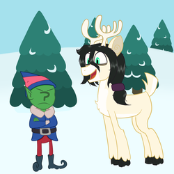 Size: 1000x1000 | Tagged: safe, artist:scraggleman, oc, oc only, oc:anon, oc:floor bored, deer, elf, reindeer, bags under eyes, christmas, elf ears, grumpy, happy, hat, holiday, ponytail, snow, species swap