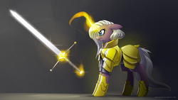 Size: 3840x2160 | Tagged: safe, artist:underpable, oc, oc only, pony, unicorn, angry, armor, ears back, female, frown, glare, gradient background, gray background, gritted teeth, high res, levitation, magic, mare, nose wrinkle, shiny, simple background, solo, sword, telekinesis, weapon