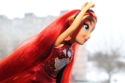 Size: 6000x4000 | Tagged: safe, artist:artofmagicpoland, sunset shimmer, equestria girls, g4, my little pony equestria girls: better together, doll, female, flying, hand up, irl, photo, ponied up, solo, toy