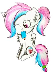 Size: 2079x2756 | Tagged: safe, artist:sumi-mlp25, edit, oc, oc only, oc:strawberry breeze, pegasus, pony, 2019 community collab, derpibooru community collaboration, cute, food, high res, one eye closed, ponytail, popsicle, simple background, solo, traditional art, transparent background, wink
