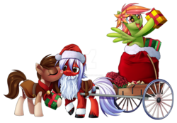 Size: 1920x1327 | Tagged: safe, artist:centchi, oc, oc only, oc:axel rose, oc:sheriff pinto, oc:tropical smoothie, pony, cart, christmas, clothes, costume, deviantart watermark, female, holiday, kissing, male, mare, obtrusive watermark, present, santa costume, simple background, stallion, transparent background, trio, watermark