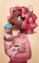 Size: 1899x3063 | Tagged: safe, artist:aphphphphp, oc, oc only, oc:ginger, earth pony, pony, clothes, cupcake, eating, female, food, freckles, hoof hold, mare, mug, open mouth, sweater, tea, teabag