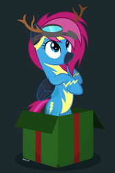 Size: 1037x1551 | Tagged: safe, artist:noah-x3, oc, oc only, oc:neon flare, pegasus, pony, antlers, belly button, box, clothes, cute, female, goggles, mare, ocbetes, pony in a box, present, reindeer antlers, show accurate, solo, standing, uniform, wonderbolts, wonderbolts uniform