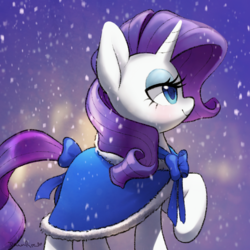Size: 900x900 | Tagged: safe, artist:dawnfire, rarity, pony, unicorn, g4, cape, cloak, clothes, female, lidded eyes, mare, smiling, snow, snowfall, solo