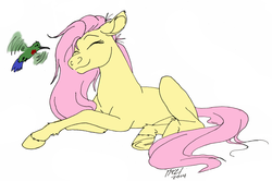 Size: 1045x693 | Tagged: safe, artist:carnivorouscaribou, fluttershy, hummingbird, pony, g4, eyes closed, female, prone, simple background, smiling, solo, underhoof, white background, wingless, younger