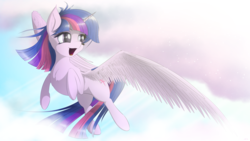 Size: 7200x4050 | Tagged: safe, artist:maneingreen, twilight sparkle, alicorn, pony, g4, absurd resolution, chest fluff, cloud, female, flying, sky, smiling, solo, twilight sparkle (alicorn), wings