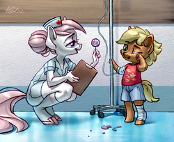 Size: 2343x1911 | Tagged: dead source, safe, artist:holivi, nurse redheart, oc, earth pony, anthro, unguligrade anthro, g4, bandage, candy, cheering up, clipboard, clothes, colt, cute, daaaaaaaaaaaw, eye contact, female, foal, food, happy, heartabetes, heartwarming, iv drip, lidded eyes, lollipop, looking at each other, male, mare, open mouth, shorts, smiling, squatting, sweet dreams fuel, teary eyes, wholesome
