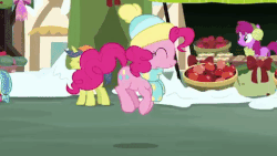 Size: 480x270 | Tagged: safe, screencap, berry punch, berryshine, pinkie pie, earth pony, pony, unicorn, g4, my little pony best gift ever, animated, apple, beanie, bouncing, clothes, cute, diapinkes, eyes closed, female, food, gif, hat, male, mare, ponyville, pronking, scarf, stallion, winter outfit