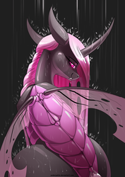 Size: 2480x3508 | Tagged: safe, artist:underpable, oc, oc only, oc:esalen, changeling, changeling queen, changeling oc, changeling queen oc, fangs, female, high res, looking back, misleading thumbnail, pink changeling, rain, smiling, solo