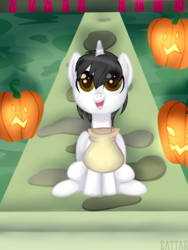 Size: 3000x4000 | Tagged: safe, artist:danseych, oc, oc:shiron, alicorn, pony, alicorn oc, colt, halloween, holiday, horn, jack-o-lantern, looking up, male, open mouth, open smile, pumpkin, sitting, smiling, trick or treat, wings, younger