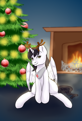 Size: 1200x1768 | Tagged: safe, artist:jerraldina, oc, oc only, oc:shiron, alicorn, pony, alicorn oc, antlers, christmas, christmas tree, fireplace, holiday, horn, reindeer antlers, solo, tree, wings