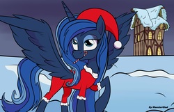 Size: 4632x2984 | Tagged: safe, artist:monsterglad, princess luna, g4, spoiler:comic, candy, candy cane, christmas, christmas clothing, clothes, female, food, hat, hearth's warming eve, holiday, house, lidded eyes, mare, mouth hold, santa hat, snow, winter