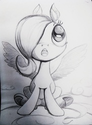 Size: 2863x3901 | Tagged: safe, artist:ponsce, fluttershy, pegasus, pony, g4, female, filly, filly fluttershy, grayscale, hair over one eye, high res, looking up, monochrome, open mouth, pencil drawing, sitting, solo, spread wings, traditional art, wings, younger