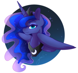 Size: 1184x1110 | Tagged: safe, artist:_candypone_, princess luna, alicorn, pony, g4, abstract background, bust, cute, female, lunabetes, mare, portrait, signature, smiling, solo
