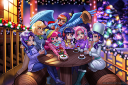 Size: 2000x1333 | Tagged: safe, artist:racoonsan, angel bunny, applejack, fluttershy, pinkie pie, rainbow dash, rarity, starlight glimmer, twilight sparkle, human, rabbit, g4, anime, applejack's hat, beautiful, belt, big breasts, blurry background, blushing, boots, breasts, busty fluttershy, busty rarity, cake, chocolate, christmas, christmas lights, christmas tree, clothes, coat, cowboy hat, cupcake, cute, denim, drink, ear piercing, earmuffs, earring, eyelashes, eyeshadow, female, food, happy, hat, holiday, horn, horned humanization, hot chocolate, humanized, jacket, jeans, jewelry, log, makeup, mane six, night, open mouth, outdoors, pants, piercing, santa hat, scarf, shoes, sitting, snow, spread wings, standing, stetson, sweater, sweatershy, tree, turtleneck, ushanka, winged humanization, wings, winter, winter coat