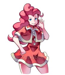 Size: 2000x2300 | Tagged: safe, artist:zipskyblue, pinkie pie, equestria girls, g4, christmas, clothes, female, grin, hand on hip, high res, holiday, looking at you, simple background, smiling, smiling at you, solo, watermark, waving at you, white background