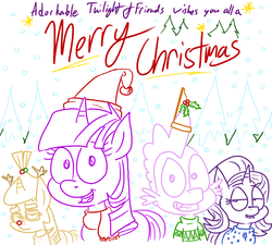 Size: 1280x1152 | Tagged: safe, artist:adorkabletwilightandfriends, moondancer, spike, starlight glimmer, twilight sparkle, alicorn, deer, dragon, pony, reindeer, unicorn, comic:adorkable twilight and friends, g4, adorkable, adorkable twilight, antlers, christmas, christmas lights, christmas tree, clothes, cute, dork, hat, hearth's warming, hearth's warming eve, holiday, holly, holly mistaken for mistletoe, lineart, santa hat, scarf, snow, sweater, tree, twilight sparkle (alicorn)