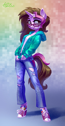 Size: 1500x2894 | Tagged: safe, artist:holivi, oc, oc only, oc:pixel berry, anthro, unguligrade anthro, anthro oc, clothes, commission, converse, cute, female, glasses, hoodie, pants, pixels, shirt, shoes, smiling, sneakers, solo