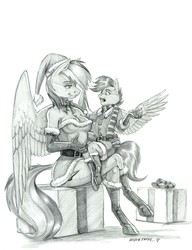 Size: 1100x1429 | Tagged: safe, artist:baron engel, rainbow dash, scootaloo, pegasus, anthro, unguligrade anthro, g4, breasts, christmas, clothes, costume, duo, female, gloves, grayscale, hat, holiday, mare, monochrome, pencil drawing, present, santa costume, santa hat, scarf, simple background, sketch, smiling, traditional art, white background