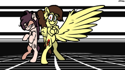 Size: 1920x1080 | Tagged: safe, artist:adilord, oc, oc:aki (herm itachi), oc:herm itachi, earth pony, pegasus, pony, bipedal, brown hair, female, group, group photo, male, pink skin, synthwave, wings