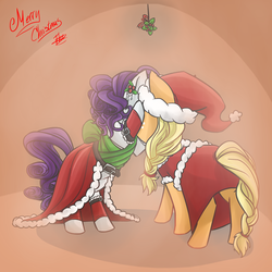 Size: 2000x2000 | Tagged: safe, artist:fnibble, derpibooru exclusive, applejack, rarity, g4, alternate clothes, alternate hairstyle, cute, daaaaaaaaaaaw, female, high res, holly, holly mistaken for mistletoe, jackabetes, kissing, lesbian, love, raribetes, ship:rarijack, shipping