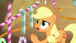 Size: 1280x720 | Tagged: safe, screencap, applejack, earth pony, pony, g4, the great escape room, female, hay, mare, open mouth, raised hoof, solo