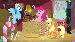 Size: 1280x720 | Tagged: safe, screencap, applejack, pinkie pie, rainbow dash, g4, the great escape room, candy, candy cane, food, gramophone, hay bale