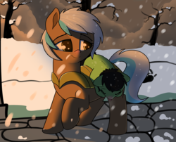 Size: 1708x1378 | Tagged: safe, artist:neuro, oc, oc only, oc:filly anon, oc:frosty hooves, pony, duo, female, filly, guard, guardsmare, mare, royal guard, snow, snowfall