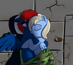 Size: 1540x1369 | Tagged: safe, artist:neuro, oc, oc:snap roll, oc:tailwind, cockroach, insect, pegasus, pony, fallout equestria, fallout equestria: frozen skies, cuddling, fanfic art, sleeping, sleeping bag