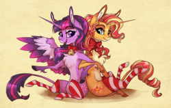 Size: 2442x1546 | Tagged: safe, artist:marbola, sunset shimmer, twilight sparkle, alicorn, pony, unicorn, g4, chest fluff, clothes, cloven hooves, coat markings, colored wings, colored wingtips, ear fluff, female, leonine tail, lesbian, mare, pale belly, ship:sunsetsparkle, shipping, smiling, socks, stockings, striped socks, thigh highs, twilight sparkle (alicorn)