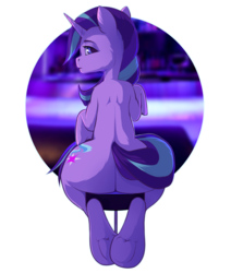 Size: 1284x1515 | Tagged: safe, artist:empaws, starlight glimmer, pony, unicorn, g4, bar, butt, female, glimmer glutes, looking back, mare, plot, sitting, solo