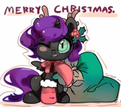 Size: 1599x1416 | Tagged: safe, artist:tingsan, oc, oc only, oc:nyx, alicorn, pony, antlers, clothes, female, one eye closed, reindeer antlers, santa sack, socks, solo, wink