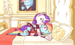 Size: 1280x769 | Tagged: safe, artist:raridashdoodles, rainbow dash, rarity, pony, unicorn, g4, bed, bedroom, bust, clothes, duster, female, hugh hefner, lesbian, lying down, maid, maid headdress, mare, on back, painting, pillow, pipe, portrait, rainbow dash always dresses in style, robe, ship:raridash, shipping, statue