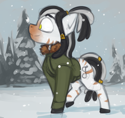 Size: 1328x1251 | Tagged: safe, artist:marsminer, oc, oc only, oc:zahk, pony, zebra, clothes, dreadlocks, jacket, snow, solo, tree