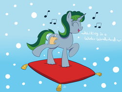 Size: 1500x1133 | Tagged: safe, artist:feralroku, oc, oc only, oc:scribbles marker, pony, eyes closed, music notes, pillow, raised hoof, secret santa, singing, snow, solo