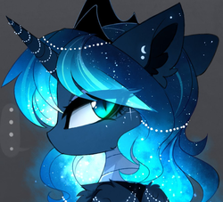 Size: 975x884 | Tagged: safe, artist:magnaluna, princess luna, alicorn, pony, g4, bust, chest fluff, crown, cute, ear fluff, ethereal mane, eye clipping through hair, female, horn, horn jewelry, jewelry, looking at you, looking back, looking back at you, mare, portrait, pretty, profile, regalia, slit pupils, solo, starry mane, wing fluff