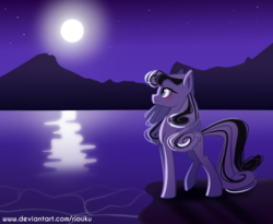 Size: 2500x2045 | Tagged: safe, artist:riouku, oc, oc only, pony, commission, female, high res, mare, moon, mountain, night, scenery, solo, water