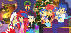 Size: 3452x1628 | Tagged: safe, artist:afterglowsentry, flash sentry, sunset shimmer, oc, equestria girls, g4, christmas, christmas tree, family, female, fire, fireplace, holiday, male, offspring, older flash sentry, older sunset, parent:flash sentry, parent:sunset shimmer, parents:flashimmer, present, ship:flashimmer, shipping, straight, tree