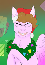 Size: 1406x2045 | Tagged: safe, artist:rainys-13, oc, oc only, oc:confetti surprise, pegasus, pony, kindverse, christmas, glasses, hat, holiday, offspring, parent:cheese sandwich, parent:pinkie pie, parents:cheesepie, santa hat, smiling