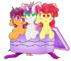 Size: 1024x872 | Tagged: safe, artist:vanillaswirl6, apple bloom, scootaloo, sweetie belle, earth pony, pegasus, pony, unicorn, g4, bow, box, cheek fluff, chest fluff, christmas, cute, cutie mark crusaders, ear fluff, floppy ears, fluffy, hair bow, holiday, open mouth, pony in a box, pony present, present, redraw, ribbon, signature, simple background, smiling, transparent background, trio