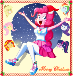Size: 1160x1220 | Tagged: safe, artist:the-butch-x, applejack, fluttershy, pinkie pie, rainbow dash, rarity, sunset shimmer, twilight sparkle, equestria girls, g4, my little pony equestria girls: better together, armpits, christmas, christmas card, clothes, female, hat, holiday, humane five, humane seven, humane six, mane six, santa hat, smiling