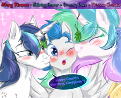 Size: 2400x1952 | Tagged: safe, artist:frist44, princess celestia, shining armor, oc, oc:dreamy daze, pony, g4, bisexual, bisexual male, blushing, blushing profusely, canon x oc, cheek kiss, dialogue, dreamlestia, dreamyarmor, female, gay, gay in front of girls, heart, infidelity, kiss sandwich, kissing, male, mare, mistletoe, shipping, spread wings, stallion, straight, wingboner, wings