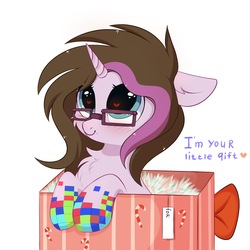 Size: 3000x3000 | Tagged: safe, artist:pesty_skillengton, oc, oc only, oc:pixel berry, pony, unicorn, blushing, bow, box, cheek fluff, chest fluff, cute, female, floppy ears, glasses, heart eyes, high res, hooves, horn, mare, pesty's little gift, pony in a box, present, simple background, solo, white background, wingding eyes, ych result