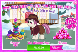 Size: 1033x686 | Tagged: safe, gameloft, heartfelt song, earth pony, pony, g4, my little pony best gift ever, my little pony: magic princess, advertisement, background pony, costs real money, female, home alone, home alone 2: lost in new york, introduction card, mare, movie reference, pigeon lady, sale
