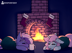 Size: 1748x1280 | Tagged: safe, artist:whisperfoot, oc, oc:berry frost, oc:scoops, earth pony, pony, unicorn, :p, blanket burrito, christmas, clothes, coffee, coffee mug, cute, fire, fireplace, freckles, glowing, holiday, mug, silly, sleeping, stockings, thigh highs, tongue out
