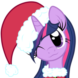 Size: 894x894 | Tagged: safe, artist:oathkeeper21, twilight sparkle, pony, g4, christmas, clothes, costume, cute, female, hat, head tilt, holiday, looking at you, mare, one eye closed, santa costume, santa hat, simple background, solo, transparent background, twiabetes, wink