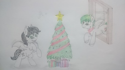 Size: 3840x2160 | Tagged: safe, artist:cloudick, oc, oc:silver sanction, oc:skipper dust, bat pony, bat pony oc, black and white, christmas, christmas tree, eeee, grayscale, green eyes, high res, holiday, monochrome, present, skree, traditional art, tree, window